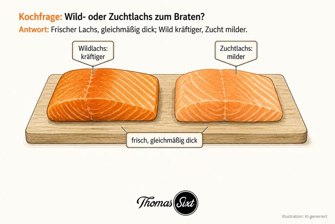 Wild- oder Zuchtlachs zum Braten: zwei gleichmäßig dick geschnittene Lachsfilets nebeneinander, eines als Wildlachs kräftiger, eines als Zuchtlachs milder beschriftet