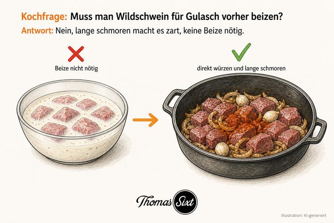 Muss man Wildschwein für Gulasch beizen: links eine Schüssel mit heller Beize und rohen Fleischstücken mit rotem Kreuz, rechts ein Schmortopf mit rohen Gulaschwürfeln, Zwiebeln, Knoblauch und Paprika mit grünem Haken