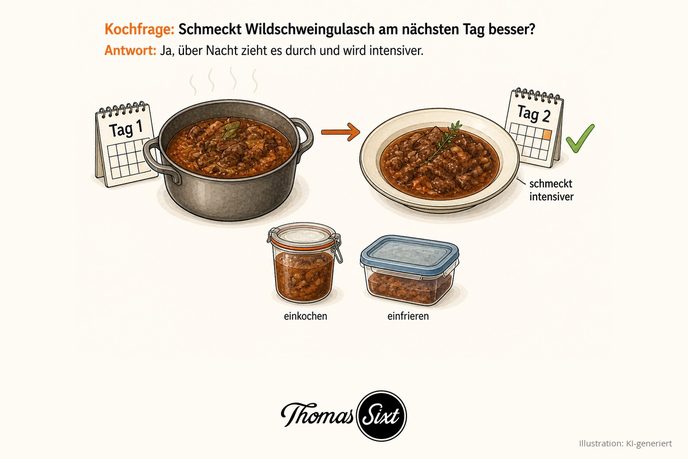 Schmeckt Wildschweingulasch am nächsten Tag besser: links ein Topf mit Kalenderblatt Tag 1, rechts ein Teller mit Kalenderblatt Tag 2 und grünem Haken schmeckt intensiver, darunter ein Einmachglas einkochen und eine Vorratsdose einfrieren