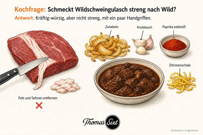 Schmeckt Wildschweingulasch streng nach Wild: links wird Fett und Sehne mit dem Messer vom Wildschweinfleisch entfernt, rechts Zwiebeln, Knoblauch, Paprika edelsüß und Zitronenschale sowie eine Schale dunkles Wildschweingulasch