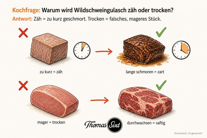 Warum wird Wildschweingulasch zäh oder trocken: oben ein blasser Fleischwürfel mit kurzer Uhrzeit und rotem Kreuz neben einem dunkel geschmorten zarten Würfel mit langer Zeit und grünem Haken, unten ein mageres helles Fleischstück mit rotem Kreuz neben einem durchwachsenen marmorierten Schulterstück mit grünem Haken