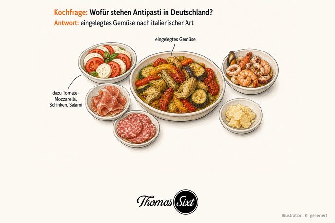 Schale mit eingelegtem Gemüse, drumherum Schälchen mit Tomate-Mozzarella, Salami und Parmesan als Illustration