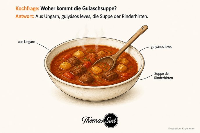 Woher kommt die Gulaschsuppe: eine große dampfende Schale rote Gulaschsuppe mit Holzlöffel, Hinweise aus Ungarn, gulyasos leves, Suppe der Rinderhirten