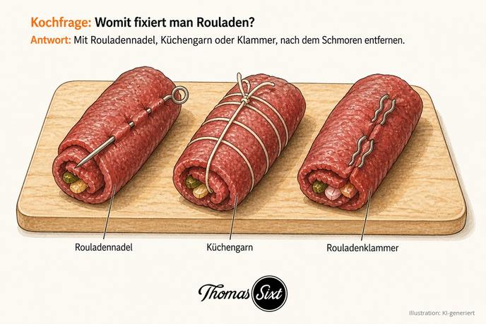 Grafik Rouladen fixieren, drei gewickelte Rinderrouladen mit Rouladennadel längs durch die Naht, mit Küchengarn umwickelt und mit welligen Rouladenklammern