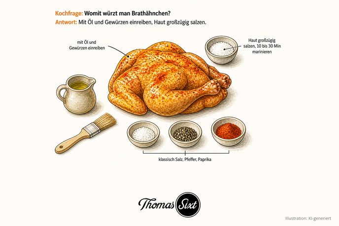 Grafik Womit würzt man Brathähnchen, ein mit Öl und Gewürzen eingeriebenes Hähnchen in einer Form, ein Kännchen Öl, ein Backpinsel und Schälchen mit Salz Pfeffer und Paprika