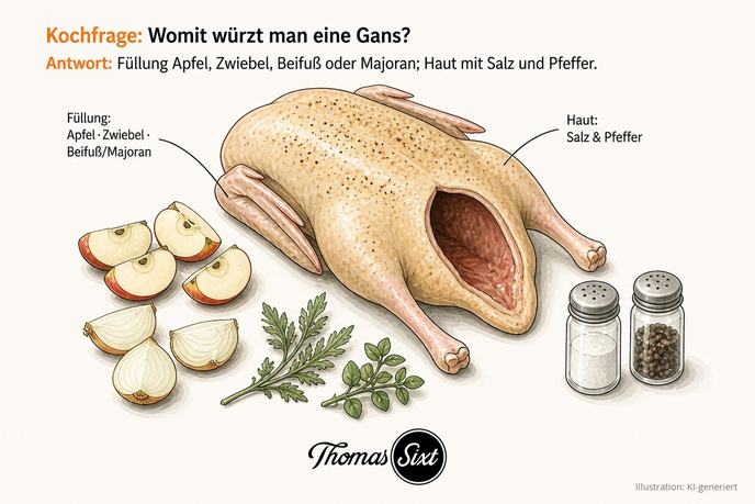Grafik Gans würzen mit Apfel Zwiebel Beifuß und Majoran