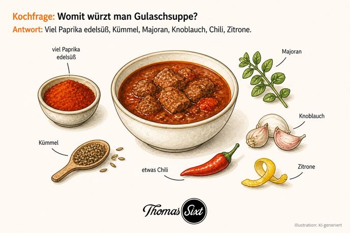 Womit würzt man Gulaschsuppe: eine Schale rote Gulaschsuppe, drumherum viel Paprika edelsüß, Kümmel, Majoran, Knoblauch, etwas Chili und Zitrone