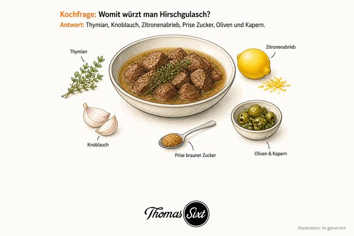 Womit würzt man Hirschgulasch: eine Schale Hirschgulasch im Thymianfond, drumherum Thymian, Knoblauch, Zitrone, brauner Zucker sowie Oliven und Kapern