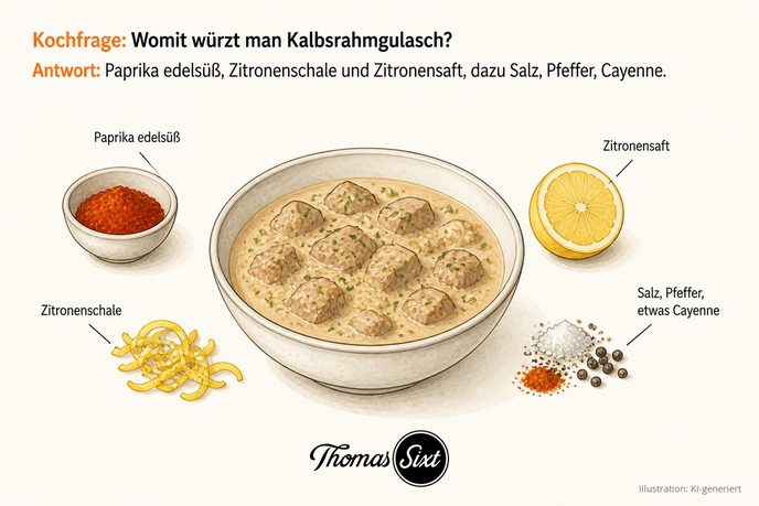Womit würzt man Kalbsrahmgulasch: eine Schale helles Kalbsrahmgulasch, drumherum Paprika edelsüß, Zitronenschale, eine halbe Zitrone sowie Salz, Pfeffer und etwas Cayenne