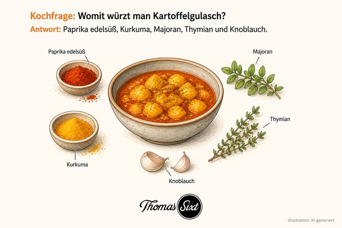Womit würzt man Kartoffelgulasch: eine Schale Kartoffelgulasch, drumherum Paprika edelsüß, Kurkuma, Majoran, Thymian und Knoblauch