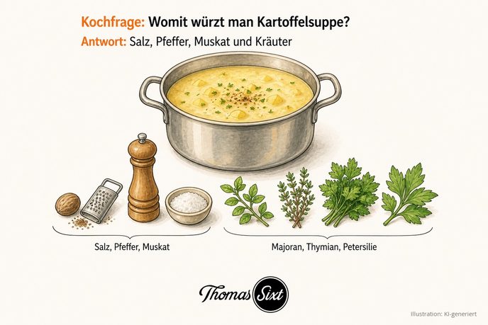 Topf Kartoffelsuppe mit Muskatnuss, Majoran, Thymian, Petersilie und Liebstöckel daneben, als Illustration