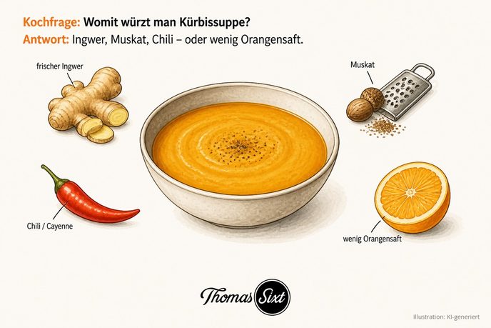 Womit würzt man Kürbissuppe: ein Teller orange Kürbissuppe, drumherum frischer Ingwer, Muskatnuss mit Reibe, rote Chilischote und eine halbe Orange