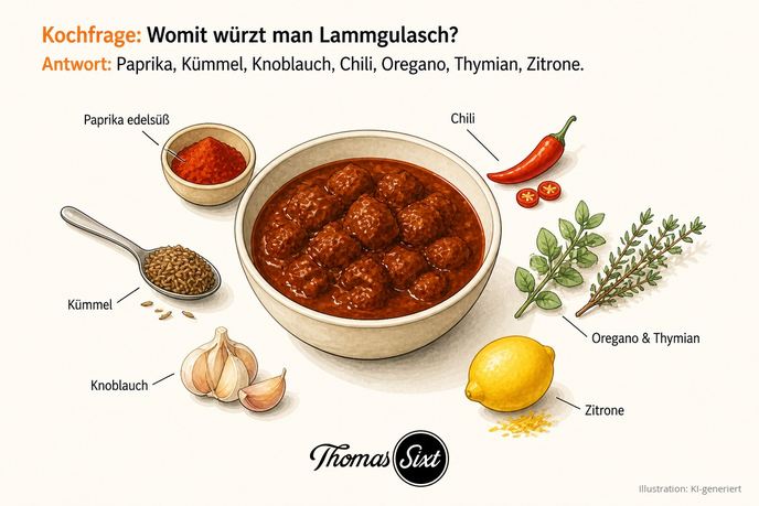 Womit würzt man Lammgulasch: eine Schale dunkles Lammgulasch, drumherum Paprika edelsüß, Kümmel, Knoblauch, Chili, Oregano, Thymian und Zitrone