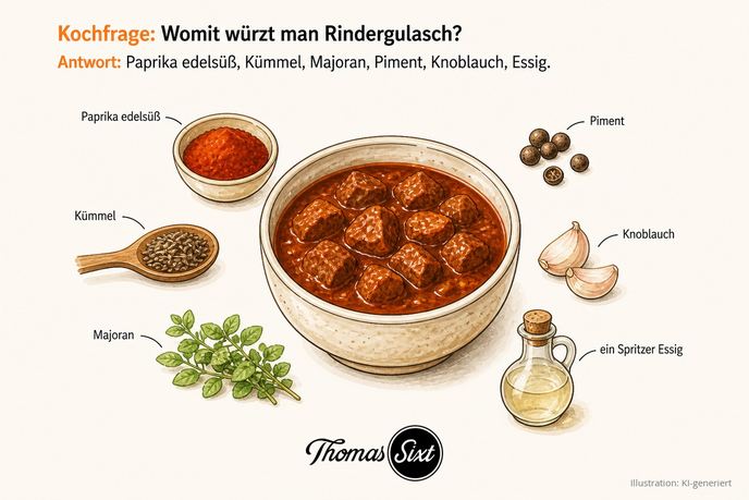 Womit würzt man Rindergulasch: eine Schale Rindergulasch, drumherum Paprika edelsüß, Kümmel, Majoran, Piment, Knoblauchzehen und ein Fläschchen Essig