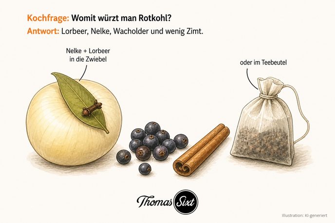Grafik Rotkohl würzen, gespickte Zwiebel mit Lorbeer und Nelke, Wacholderbeeren, Zimtstange