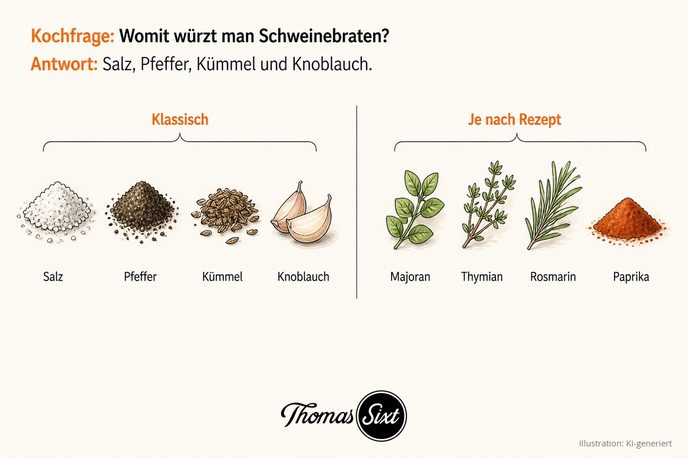 Acht Gewürze in zwei Gruppen: links Salz, Pfeffer, Kümmel und Knoblauchzehen unter der Klammer Klassisch, rechts Majoran, Thymian, Rosmarin und Paprikapulver