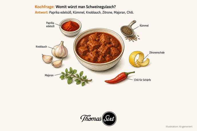 Womit würzt man Schweinegulasch: eine Schale dunkelrotes Schweinegulasch, drumherum Paprika edelsüß, Kümmel, Knoblauch, Zitronenschale, Majoran und Chili