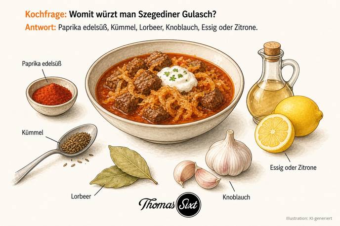 Womit würzt man Szegediner Gulasch: eine Schale Szegediner Gulasch, drumherum Paprika edelsüß, Kümmel, Lorbeer, Knoblauch sowie Essig und Zitrone