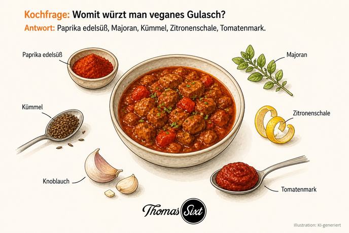 Womit würzt man veganes Gulasch: eine Schale rotes veganes Gulasch, drumherum Paprika edelsüß, Majoran, Kümmel, Zitronenschale, Knoblauch und Tomatenmark