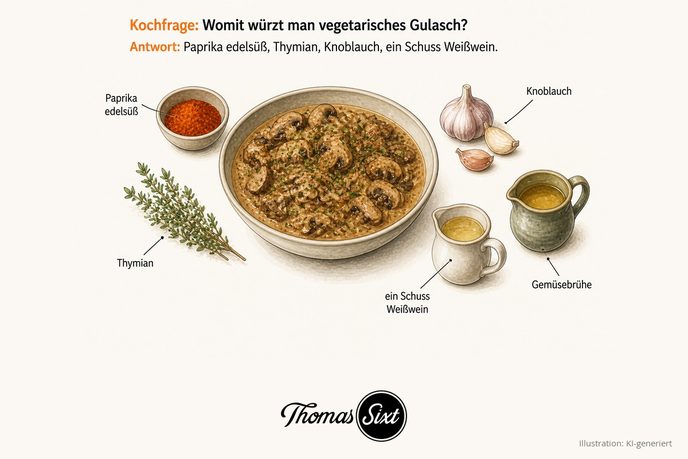 Womit würzt man vegetarisches Gulasch: eine Schale cremiges Pilzgulasch, drumherum Paprika edelsüß, Thymian, Knoblauch und ein Kännchen Gemüsebrühe