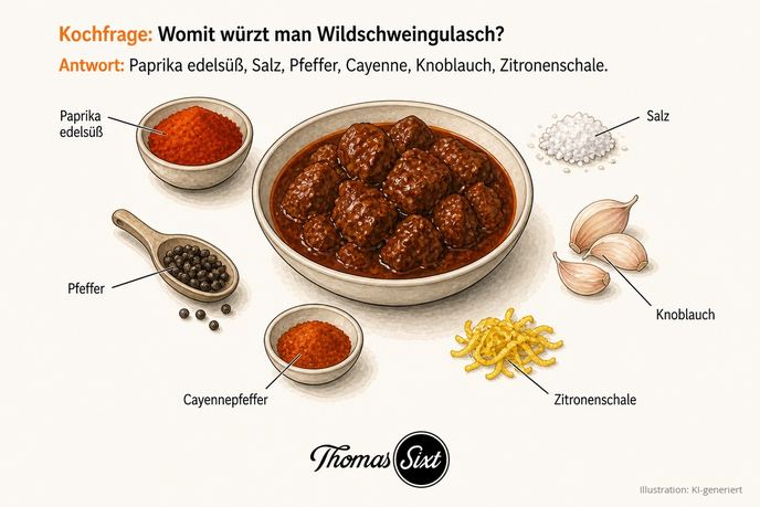 Womit würzt man Wildschweingulasch: eine Schale dunkles Wildschweingulasch, drumherum Paprika edelsüß, Salz, schwarze Pfefferkörner, Cayennepfeffer, Knoblauchzehen und gelbe Zitronenschale